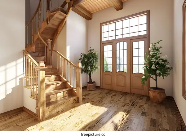 Wooden Staircase and Entrance Door in a Modern Home