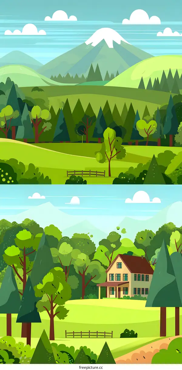 Cartoon Illustration of Mountain Landscape with House