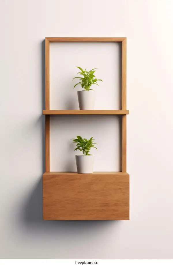 Two potted plants on a wooden shelf against a white wall