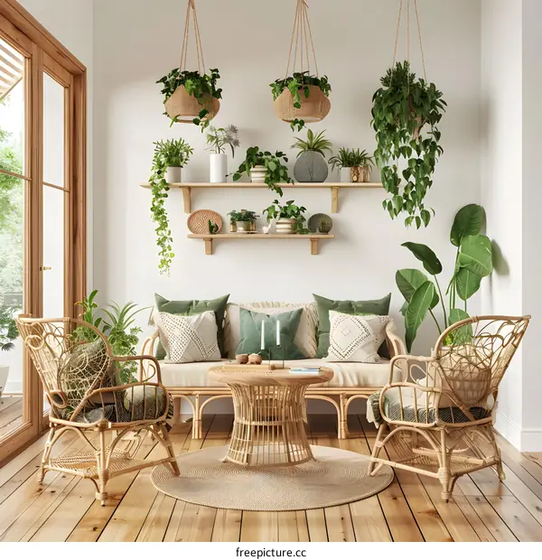 Modern Minimalist Living Room With Rattan Furniture And Greenery