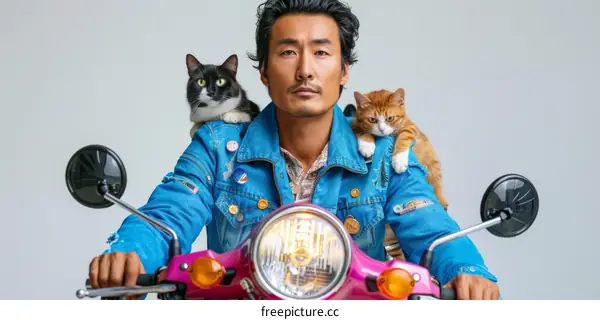 Asian man with cats on his shoulders
