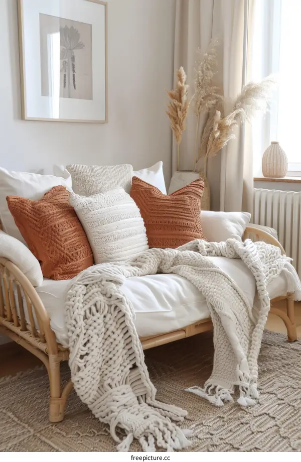 Woven and knitted cushions and blankets in neutral colors on a wooden sofa