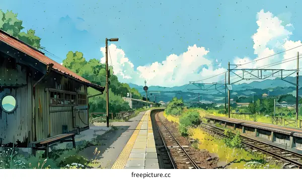 anime scenery of a countryside train station
