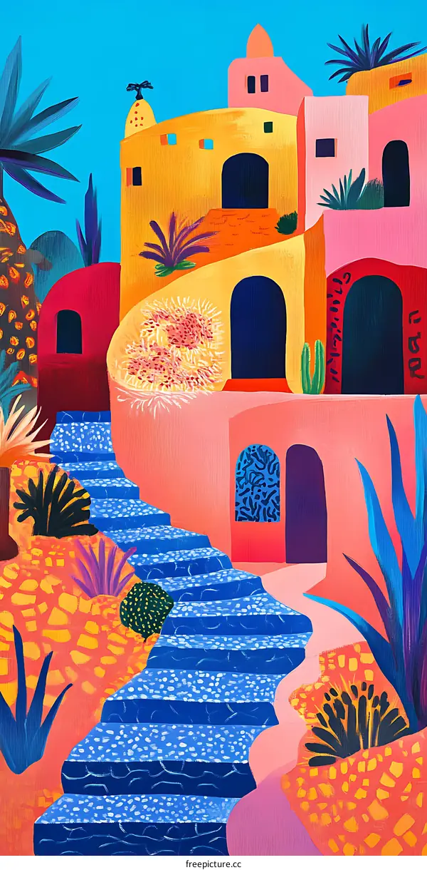 Colorful Illustration of a Town in the Desert