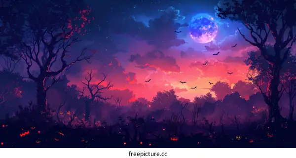 Bats Flying in Front of a Blue Moon in a Purple Night Sky