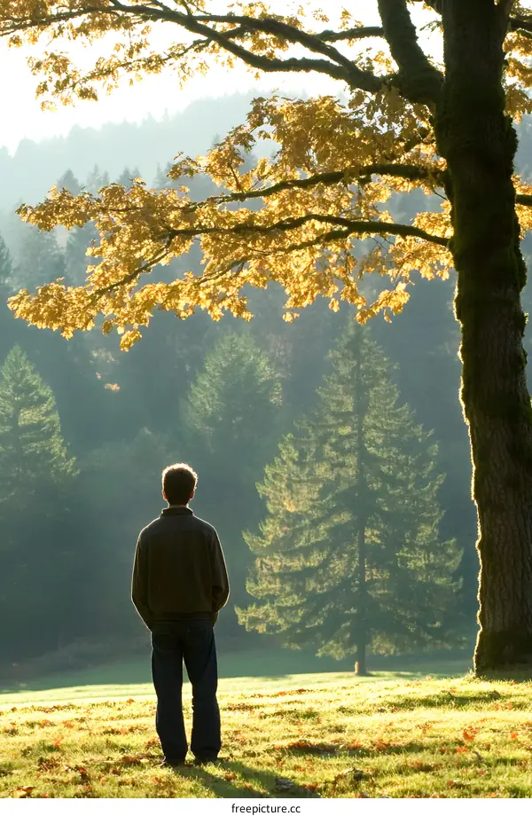 Man Standing Alone in a Forest Underneath an Autumn Tree