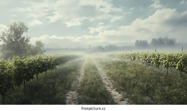 Misty Vineyard Rows Under a Cloudy Sky