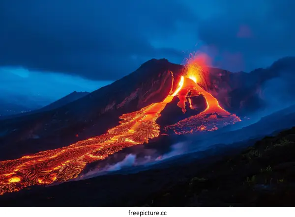 Lava flowing down the slopes of a volcano at night