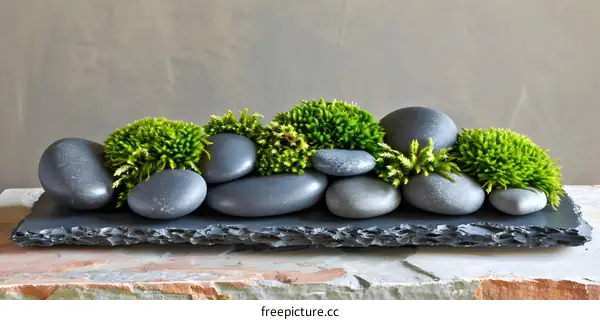 Green Moss and Smooth Stones on Slate Plate