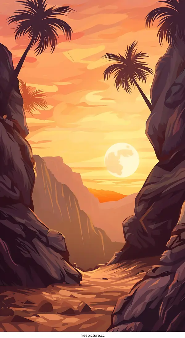 Sunset Over the Mountains with Palm Trees