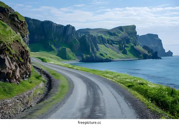 A coastal road winds through a green field with a rocky cliff face to the left and the ocean to the right