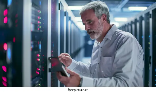 A technician is working on a server in a data center.