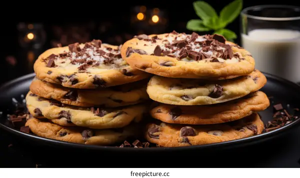 Tasty homemade chocolate chip cookies on a black plate with a glass of milk in the background