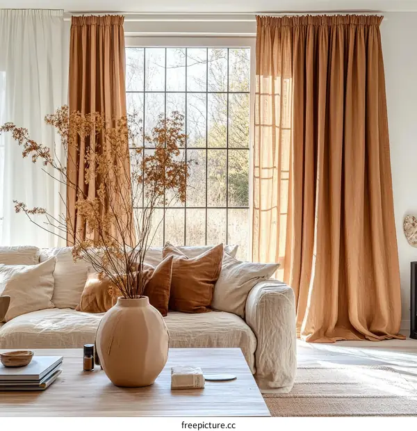 Beige Sofa with Terracotta Curtains and Dried Flowers