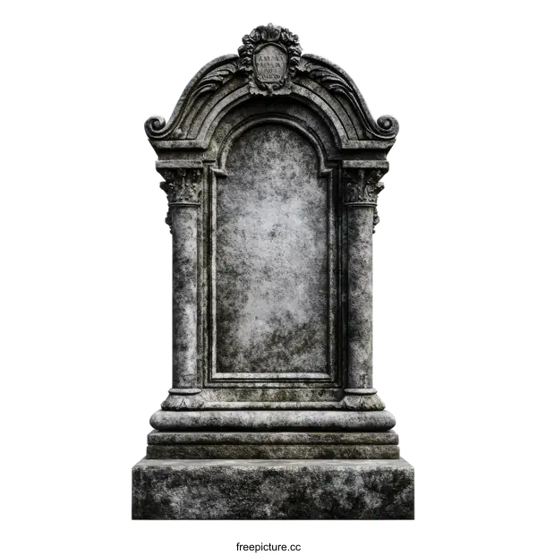 [Transparent Background PNG]Ancient Gray Stone Tombstone with Ornate Details