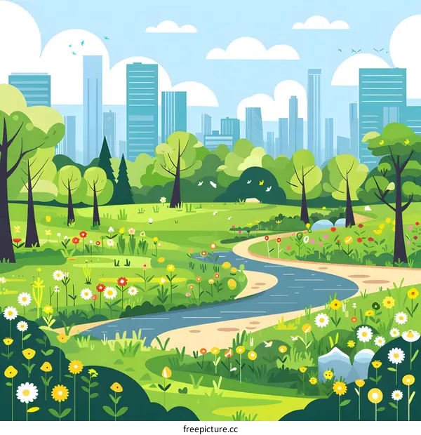 Springtime City Park Illustration With Winding Path and Flowers