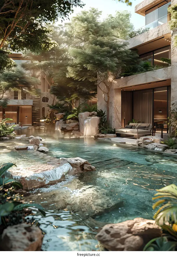 Tropical Oasis Poolside Architecture Illustration