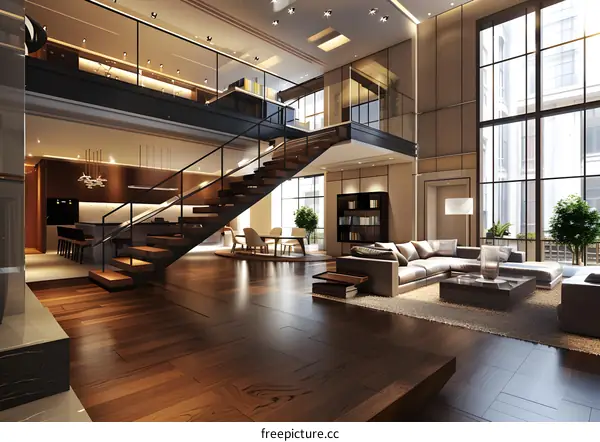 Modern Home Interior Design With Stairs And Large Windows