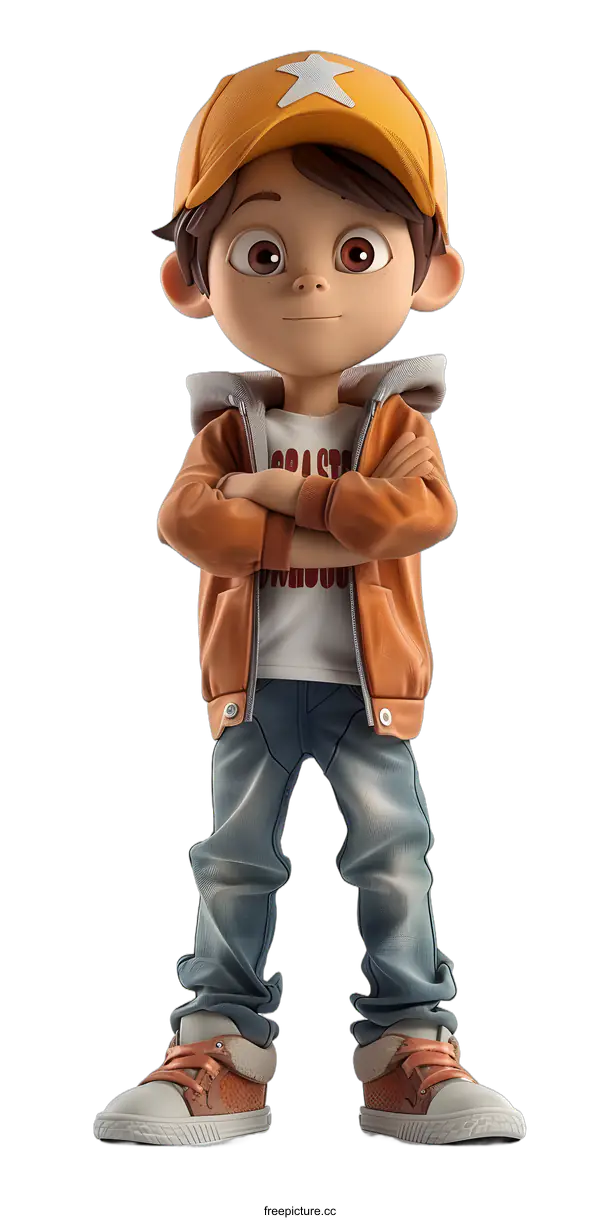 [Transparent Background PNG]3D rendering of a boy wearing a brown jacket and a yellow cap