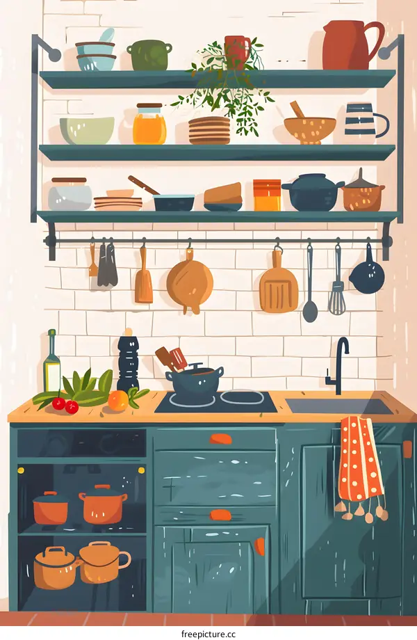 Kitchen Interior Design With Colorful Pots and Pans