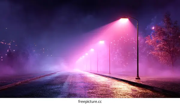 Neon Night Road in a Misty Landscape