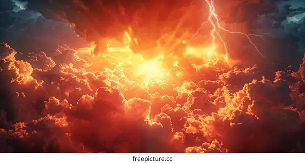 Dramatic Orange Clouds with Lightning Storm