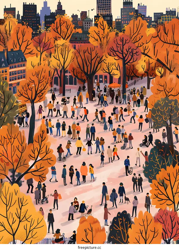 Autumn in the Park Illustration With People