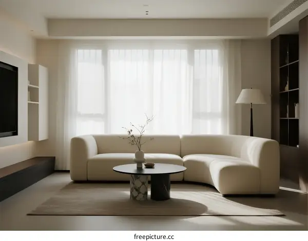 Modern living room with curved sofa and large window