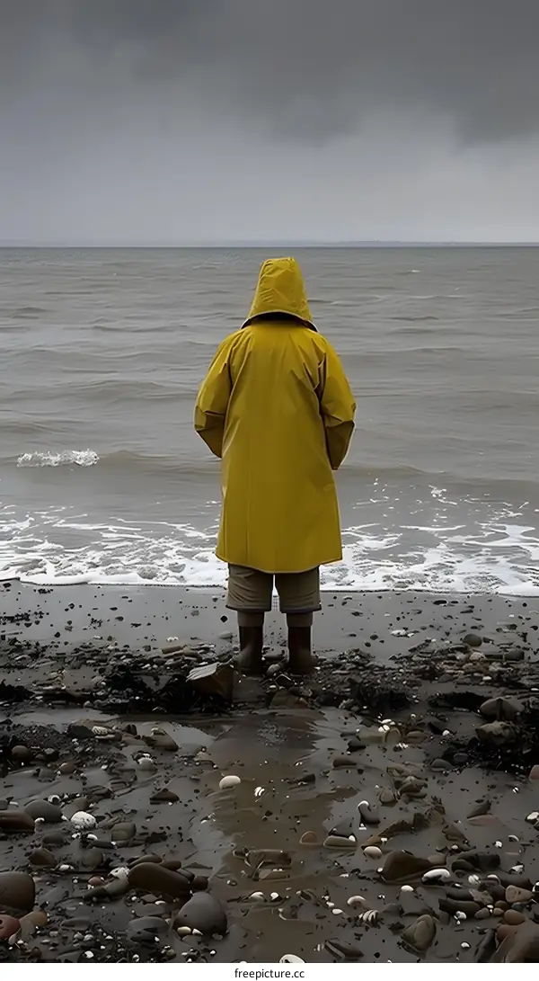 Man Standing On Beach Facing The Sea With Yellow Raincoat