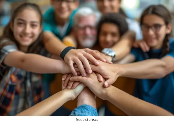 Multiracial group of students joining hands together over unrecognizable teacher