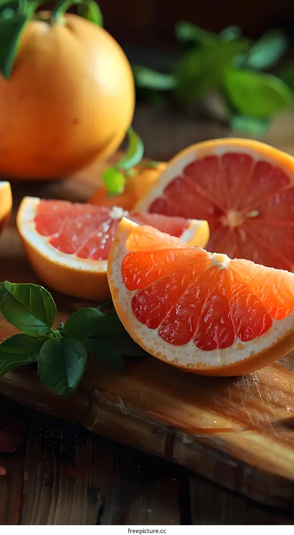 Fresh Grapefruit Slices On Wooden Cutting Board