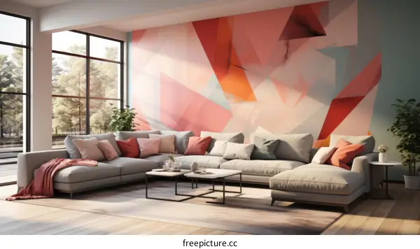 Modern living room interior with large windows and abstract painting on the wall