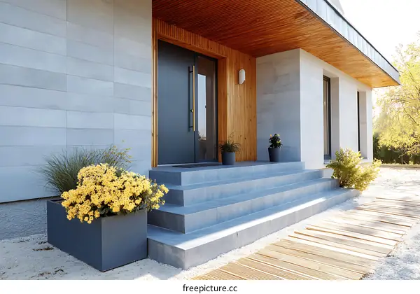 Modern House Entrance with Stone Facade and Wooden Porch