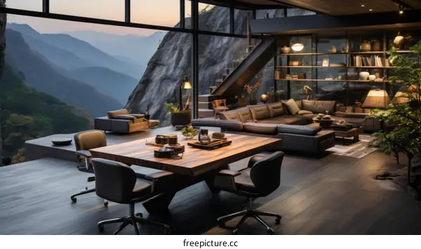 Modern mountain home interior living room with amazing view