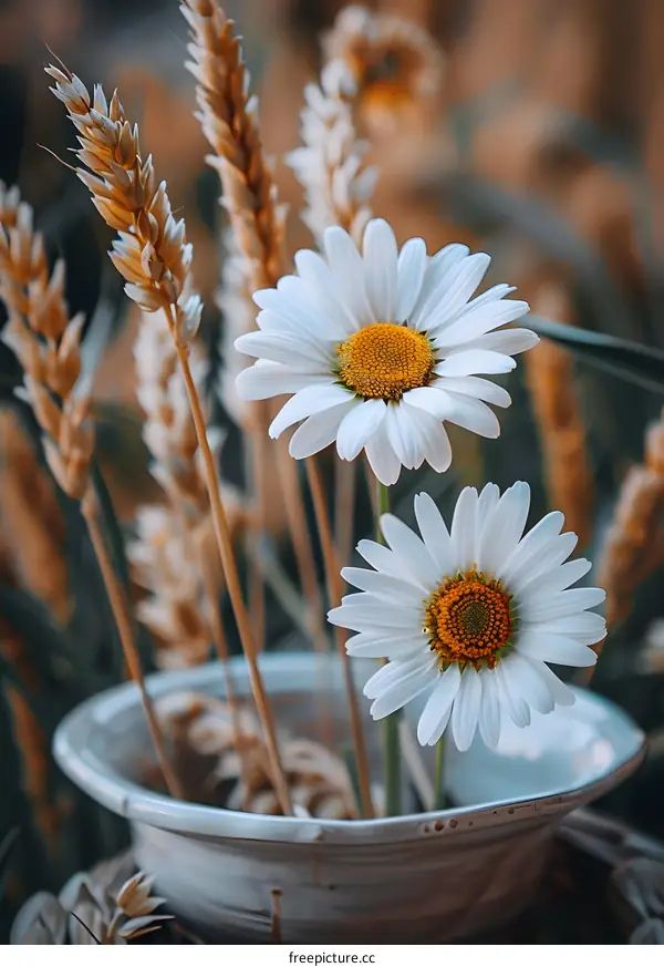 White Daisies in a Rustic Bowl