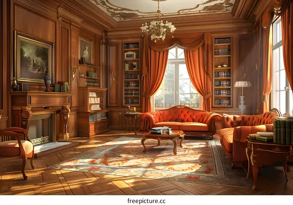 Luxury Living Room Interior Design With Fireplace And Bookshelves