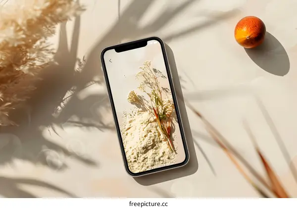 Minimalist Phone Screen with Dried Flowers and Beige Background