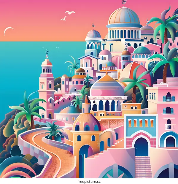 Colorful Illustration of a City with Dome Buildings and Palm Trees