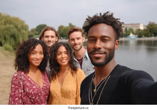 Diverse Group Selfie by the Lake