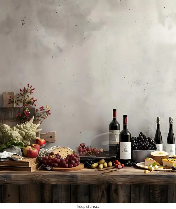 Still Life Photography with Grapes, Wine, Cheese, and Bread on Wooden Table