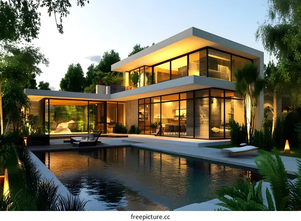 Modern Home Design with Swimming Pool and Lush Greenery