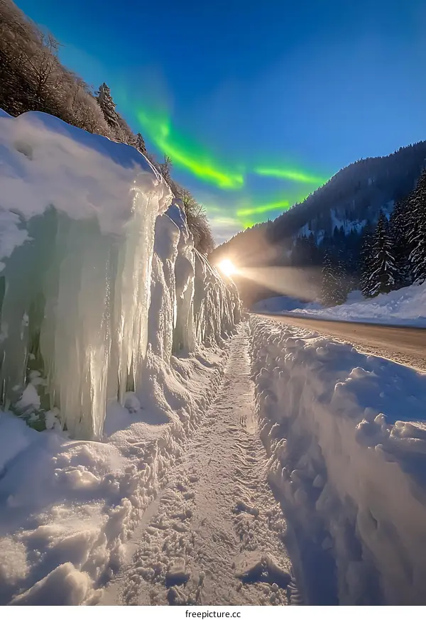 Winter Landscape with Icicles and Northern Lights