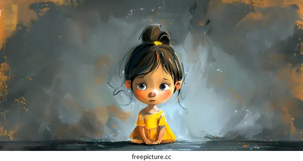 Little Girl With Sad Expression Sitting on the Floor