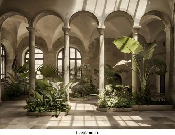 Sunlight Through Arches In A Stone Courtyard