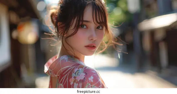 Beautiful Asian Woman in Kimono Standing in a Japanese Street