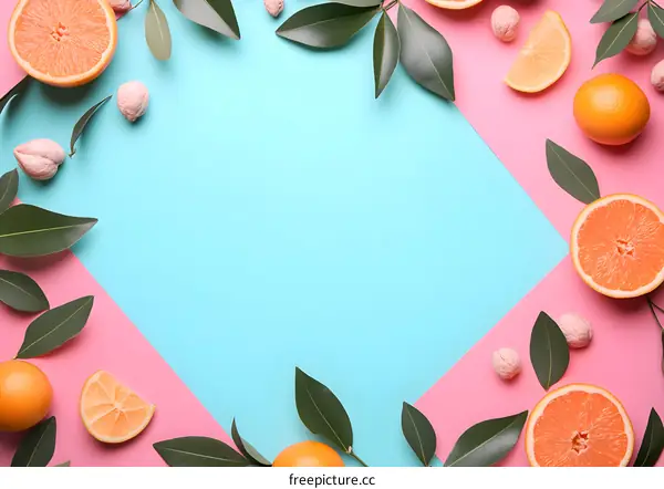 Summer Fruit Flat Lay with Orange Slices and Green Leaves