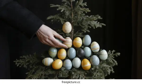 Hand Arranging Decorated Eggs on a Fir Tree