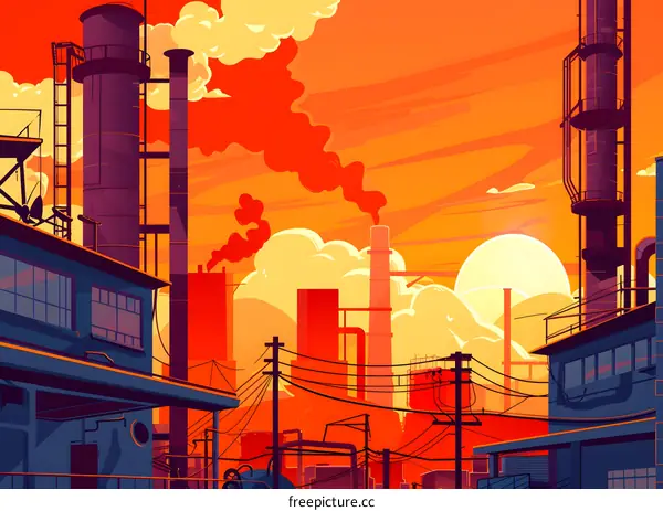 Industrial Landscape with Smoke and Sunset