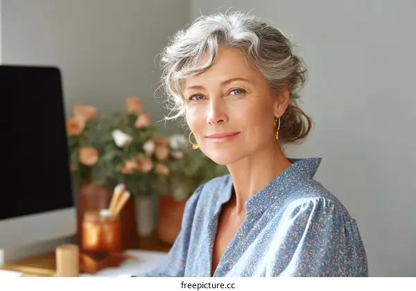Confident Senior Woman at Desk Portrait