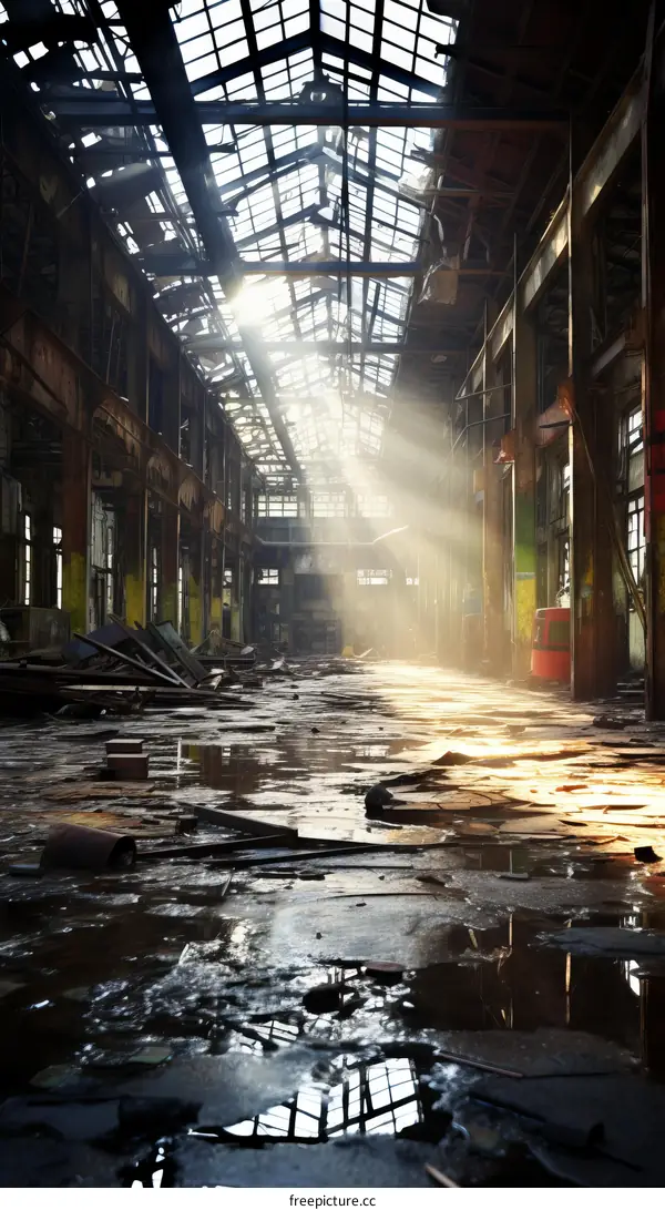 Abandoned Factory Building with Sunlight Shining Through Broken Roof Windows